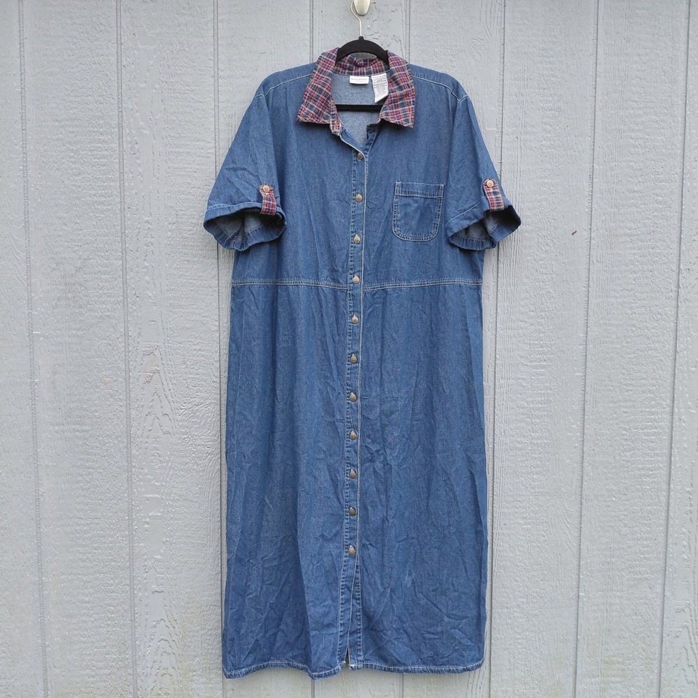 White Stag Plus Button Up Denim Midi Dress Women's 22W/24W Short Sleeve Plaid